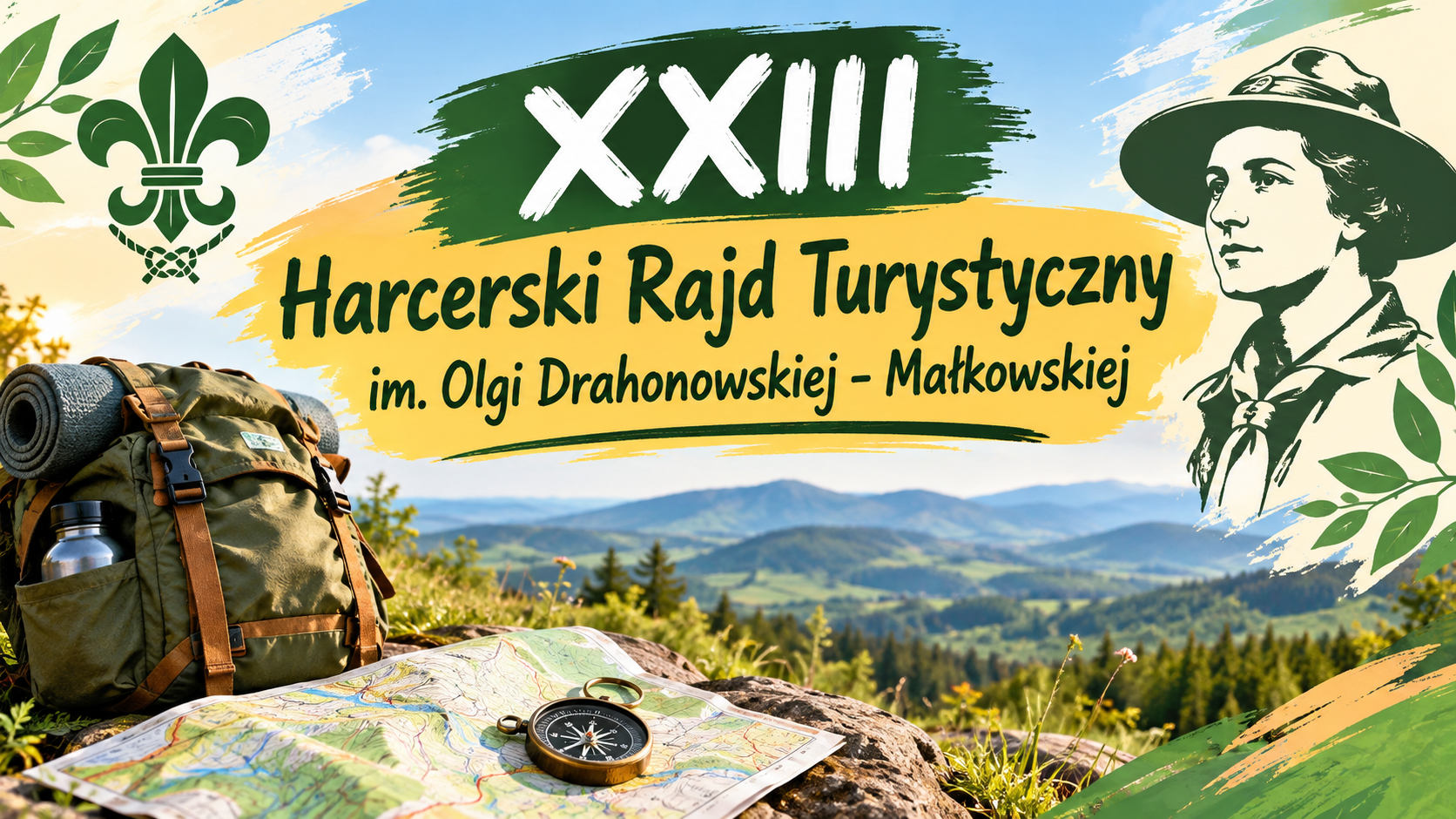 Krajobraz górski, plecak, mapa, kompas, rysunek Olgi Drahonowskiej-Małkowskiej