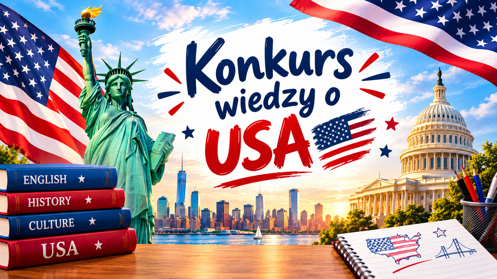 Panorama USA, statua wolności, flaga USA, książki