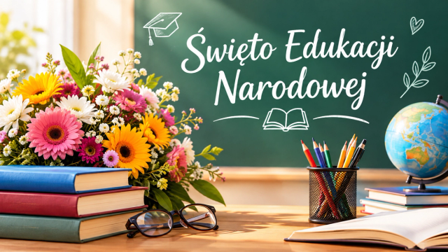 Tablica z napisem Święto Edukacji Narodowej, na stole książki, bukiet kwiatów, globus 