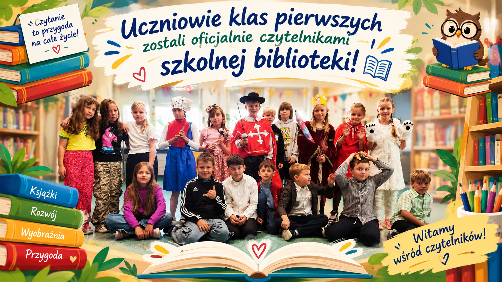 Uczniowie ubrani w stoje bohaterów bajek, w tle regały z książkami