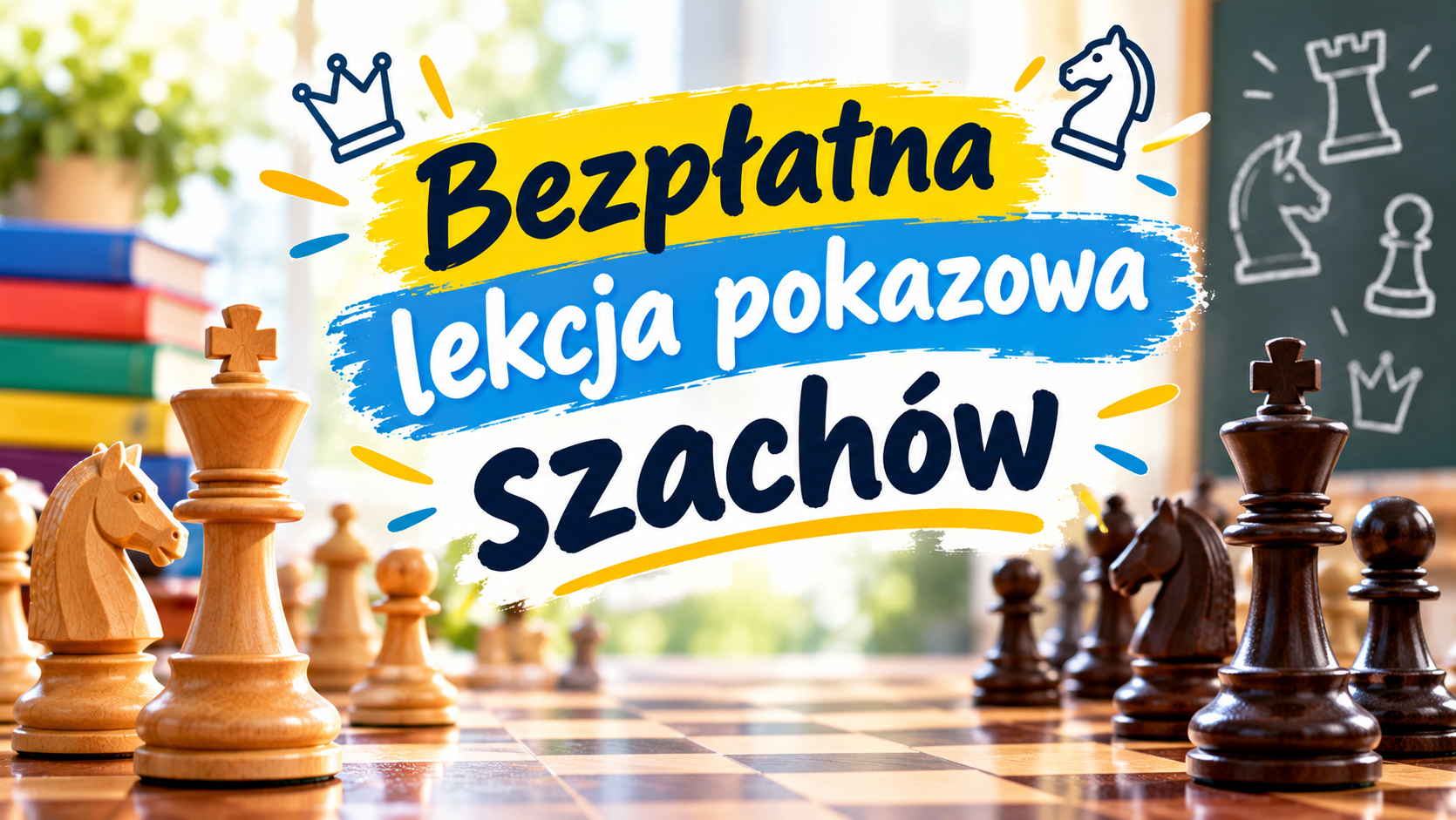 Plansza z szachami, z tyłu tablica i książki