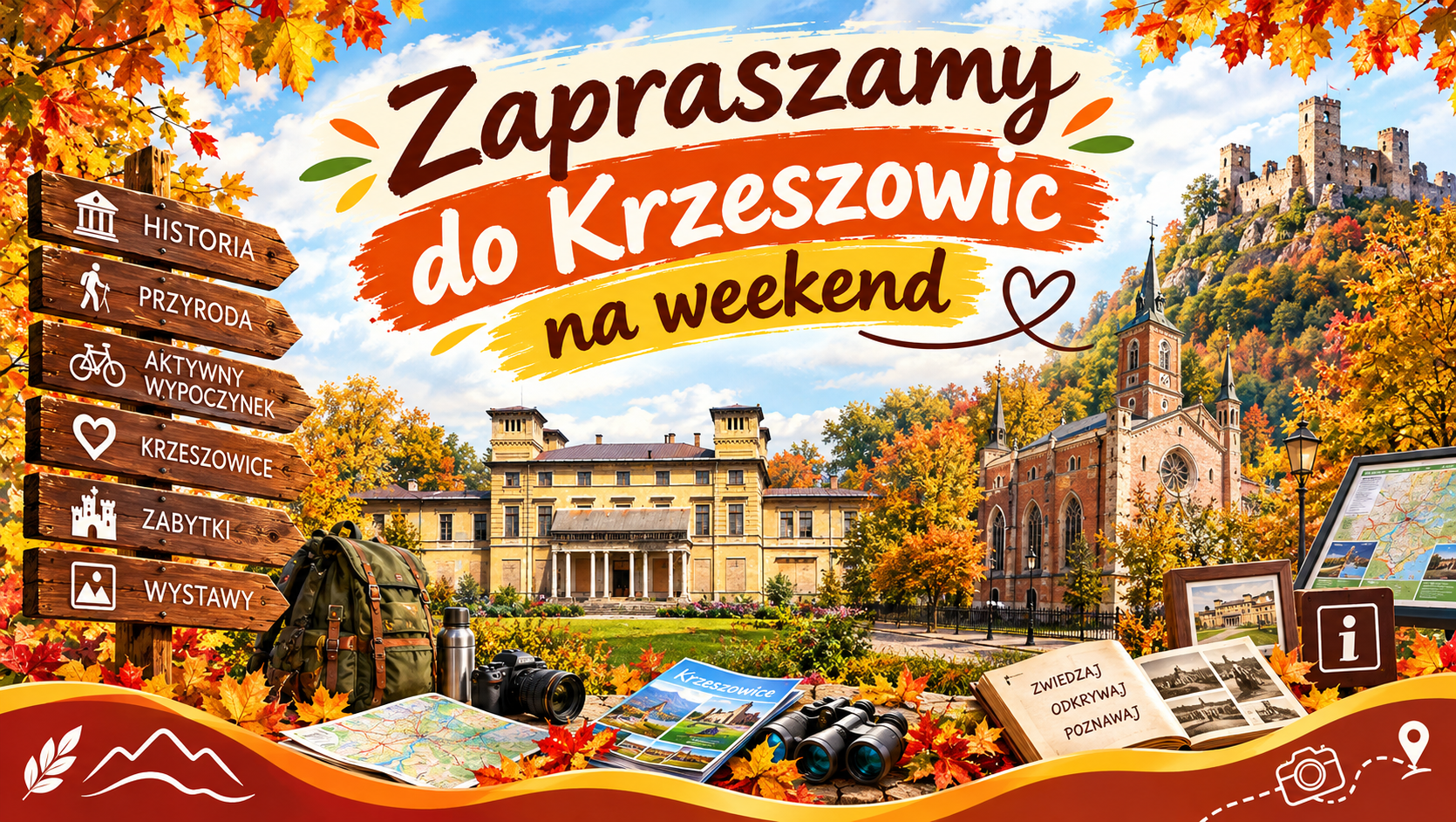 Krzeszowice jesienią, Pałac Potockich, drogowskaz, zamek Tenczyn, Kościół św. Marcina