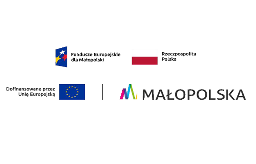 Logo: Fundusze Europejskie dla Małopolski, Rzeczpospolita Polska, Dofinansowane przez Unię Europejską, Małopolska