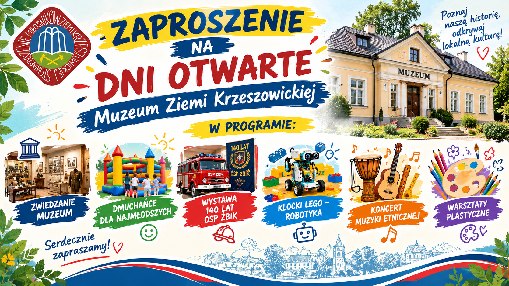 Budynek, sala muzeum, dmuchany zamek, straż pożarna, robo, instrumenty muzyczne, farby