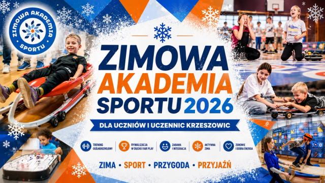 Dzieci biorące udział w zimowych konkurencjach sportowych, które odbywają się na hali sportowej.