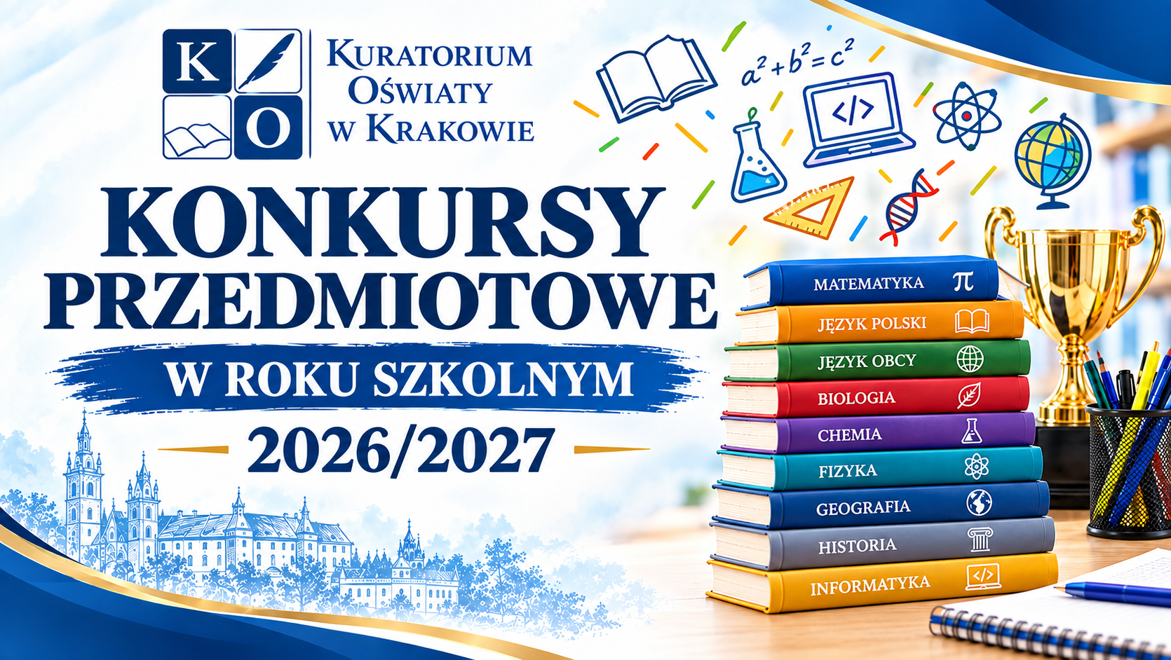 Książki z nazwą przedmiotów, puchar, kredki w pudełku na stole, zeszyt, w tle Kraków
