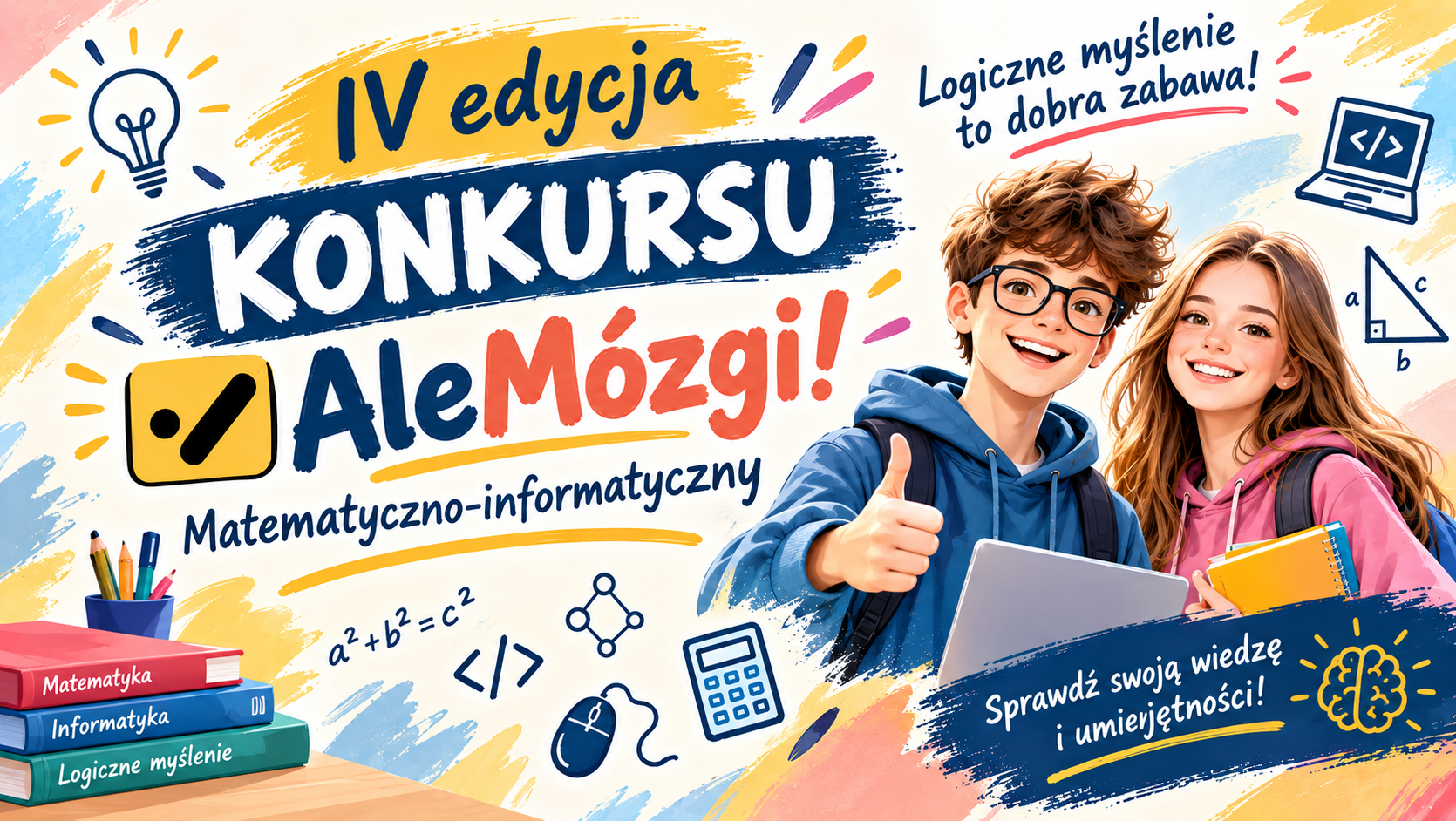 Uśmiechnięty chłopiec i dziewczynka z książkami, laptop, książki 