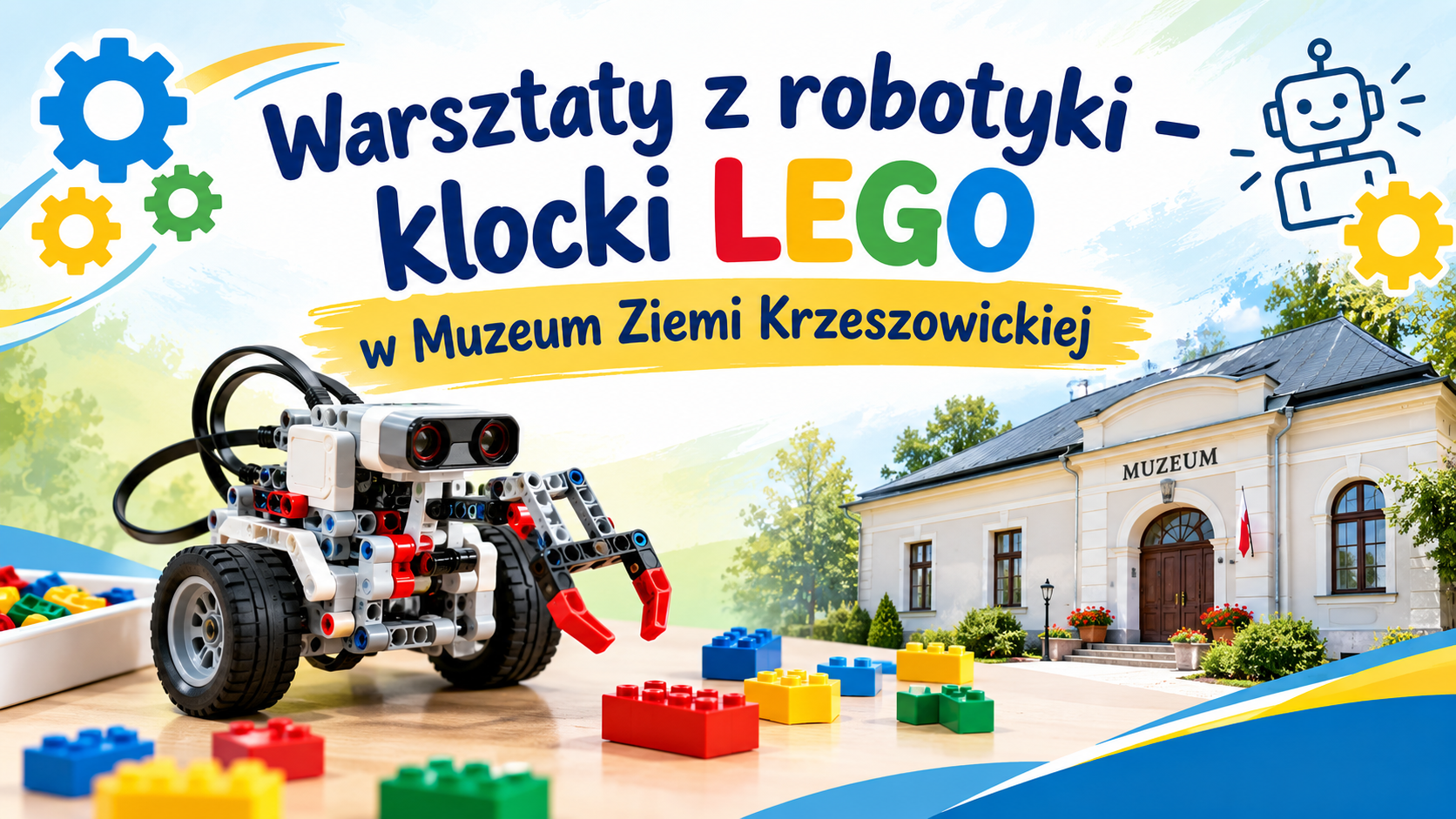 Muzeum, jeżdżący robot, rozsypane klocki 
