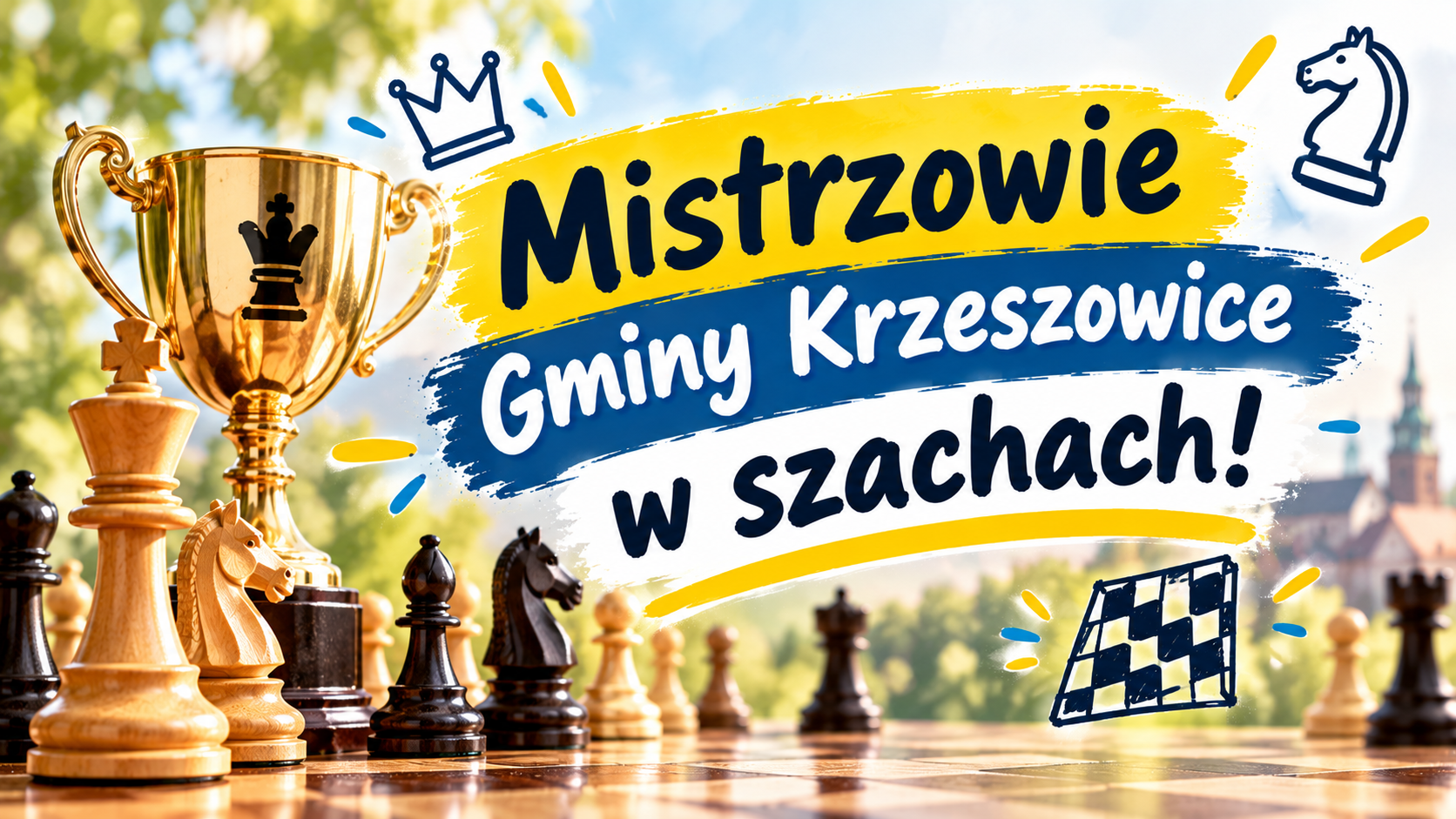 Puchar, szachy i napis Mistrzowie Gminy Krzeszowice w szachach!