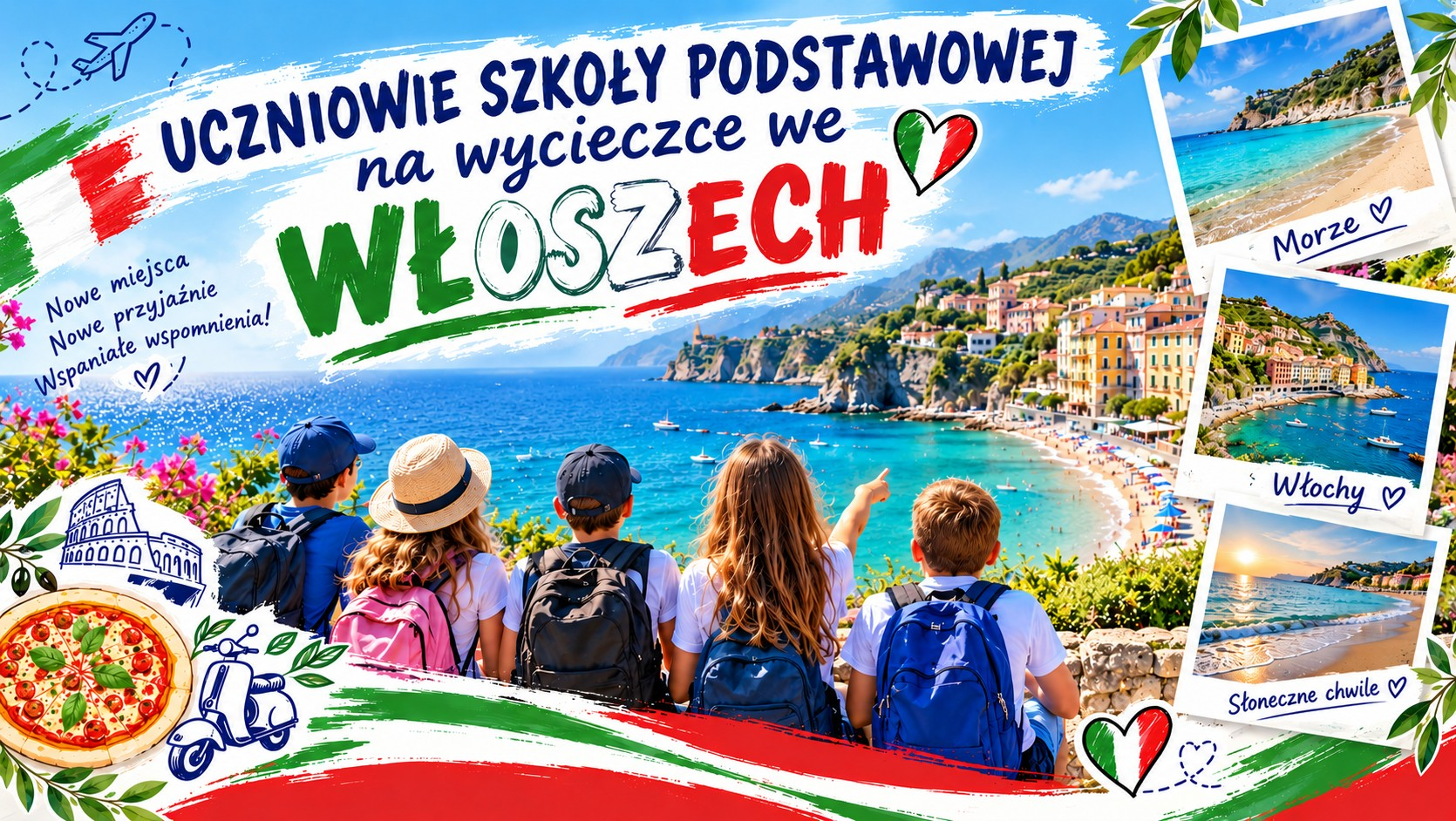 Dzieci siedzące i oglądające panoramę Włoch z morzem