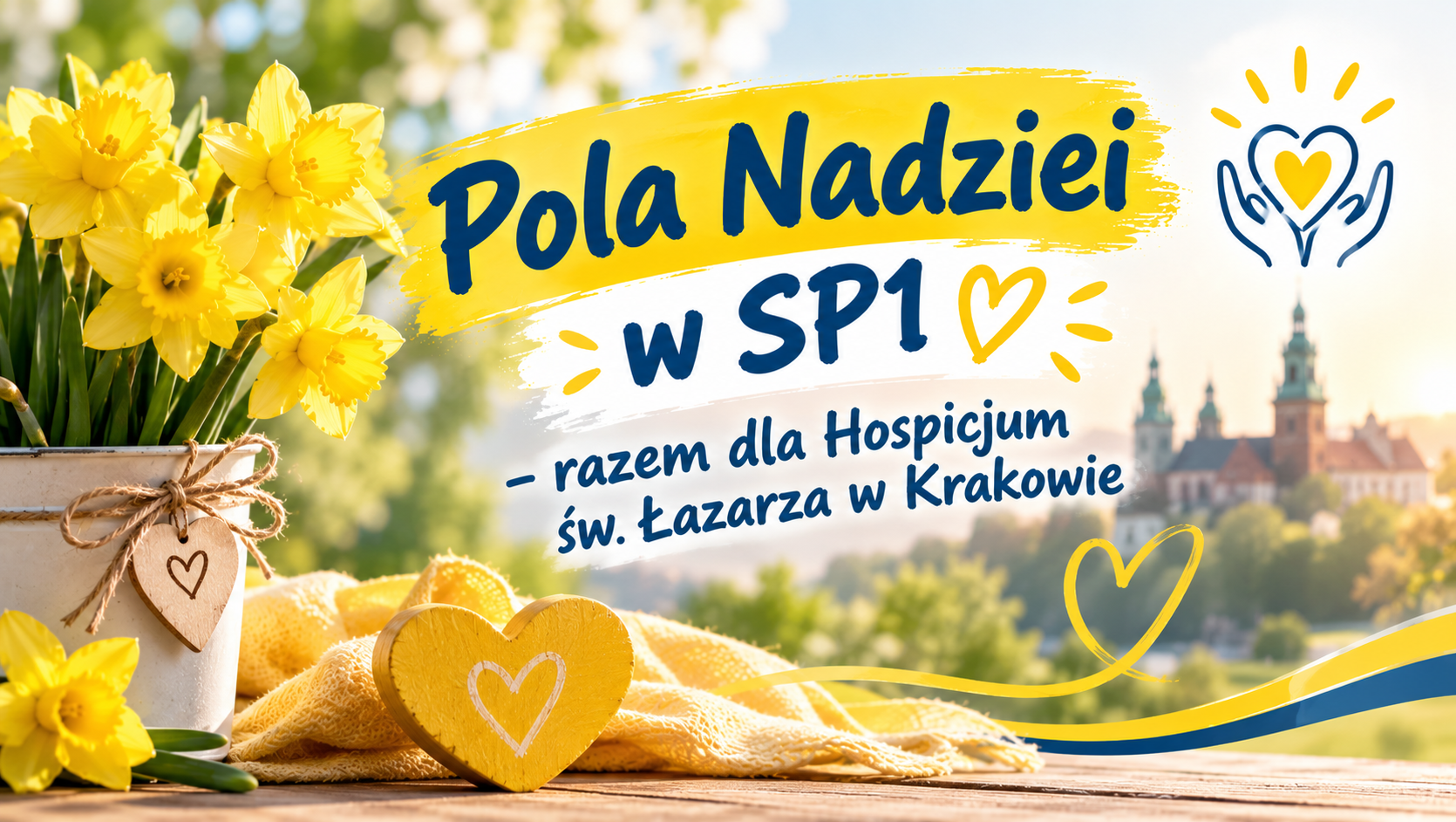 Żonkile w doniczce z sercem, a w tle Wawel