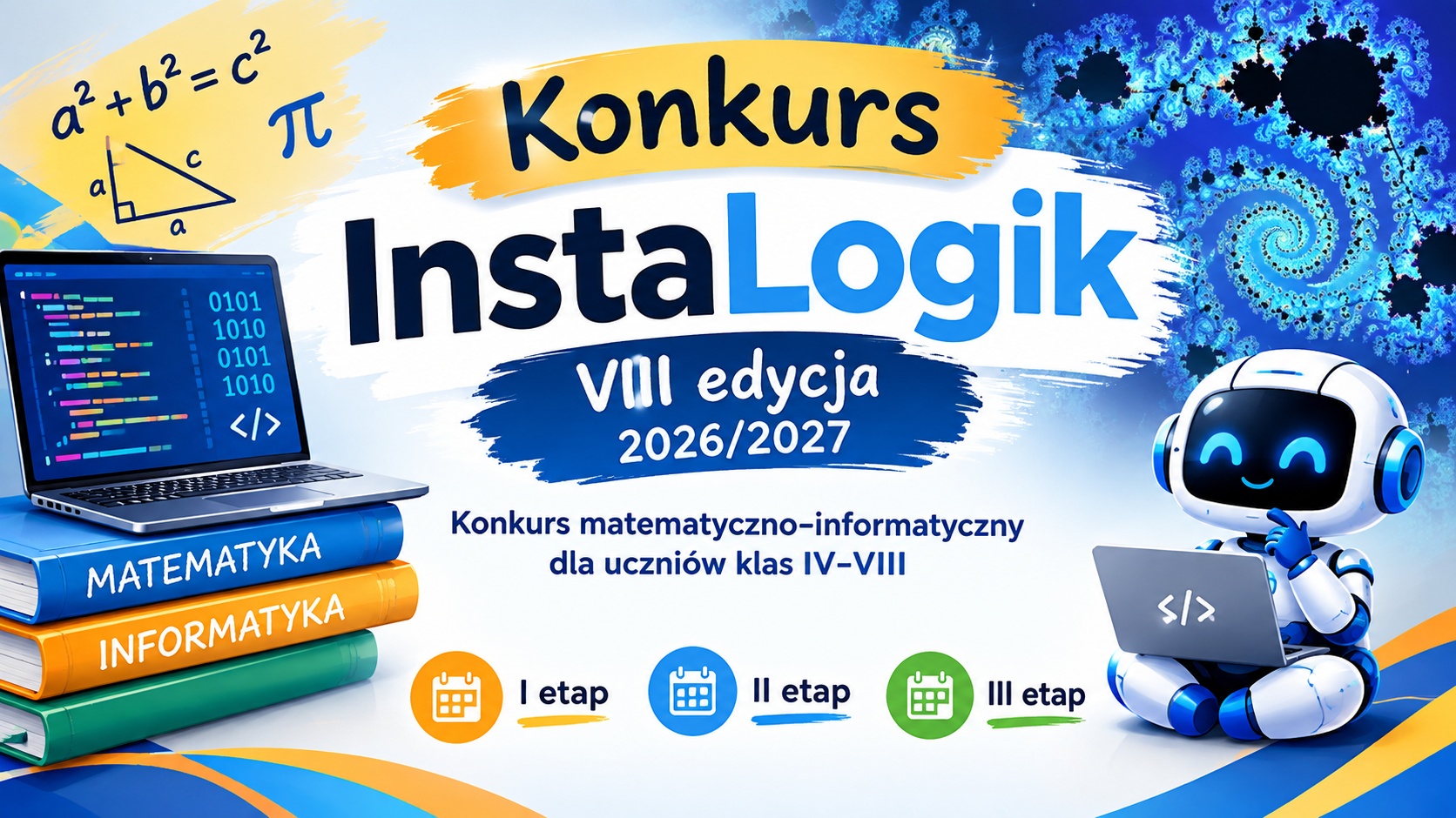 Laptop, robot z laptopem oraz stos trzech książek