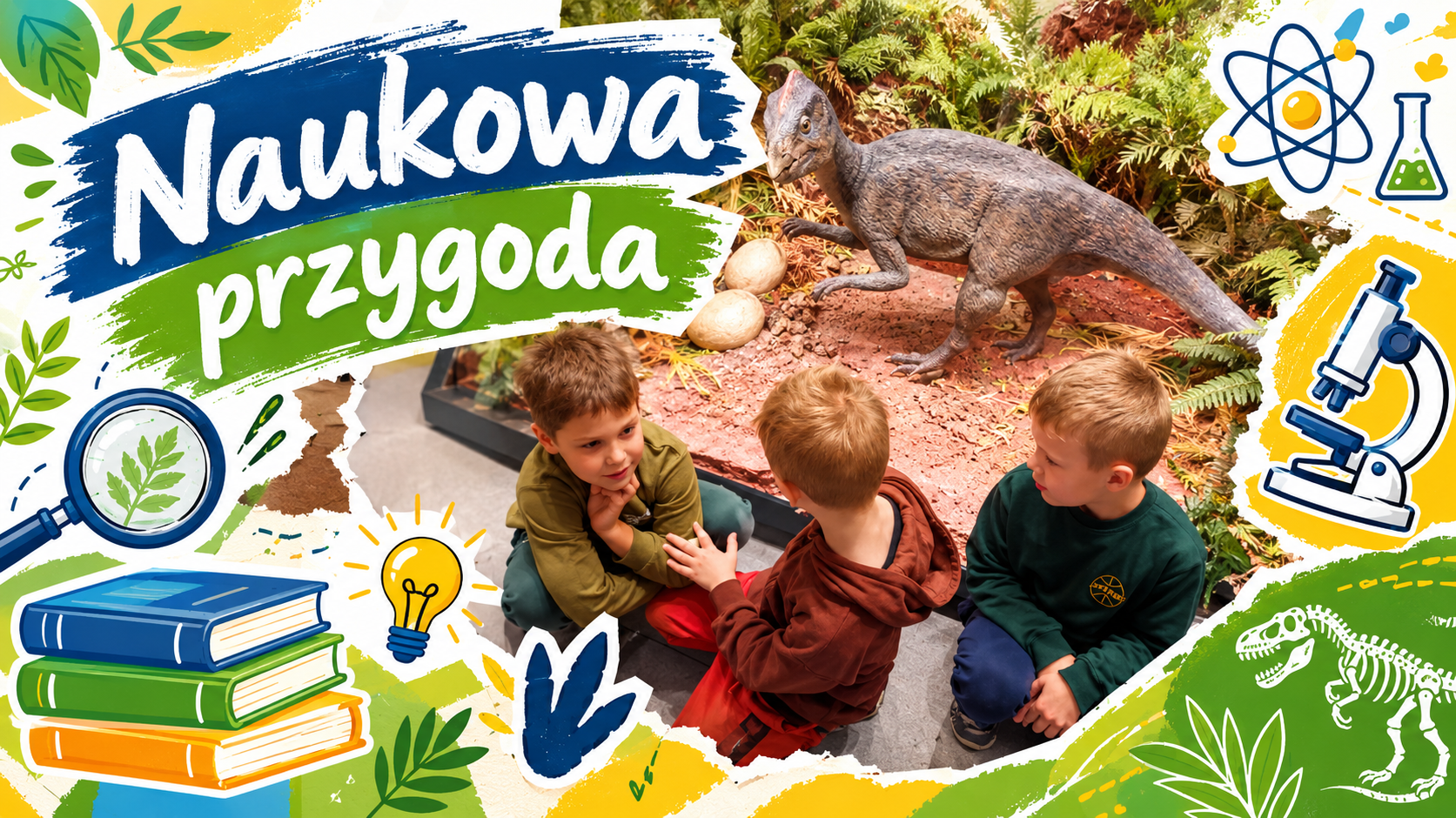 Trójka chłopców, z tyłu dinozaur.