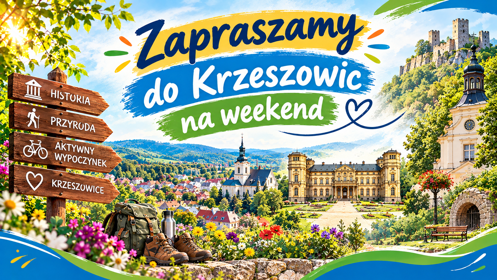 Panorama miejscowości, Pałac Potockich, drogowskaz, zamek Tenczyn