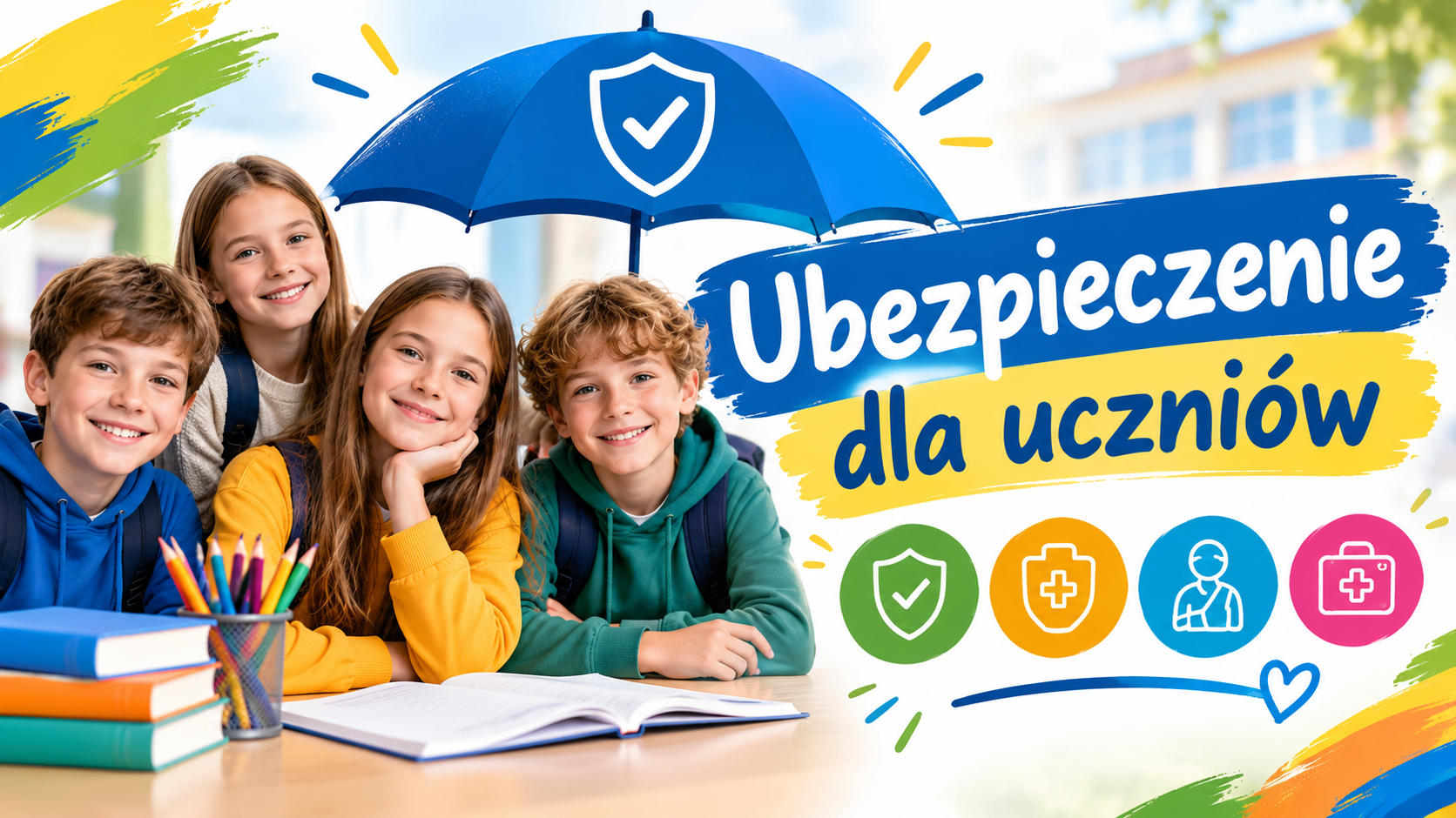 Uśmiechnięte dzieci pod parasolem, w tle szkoła