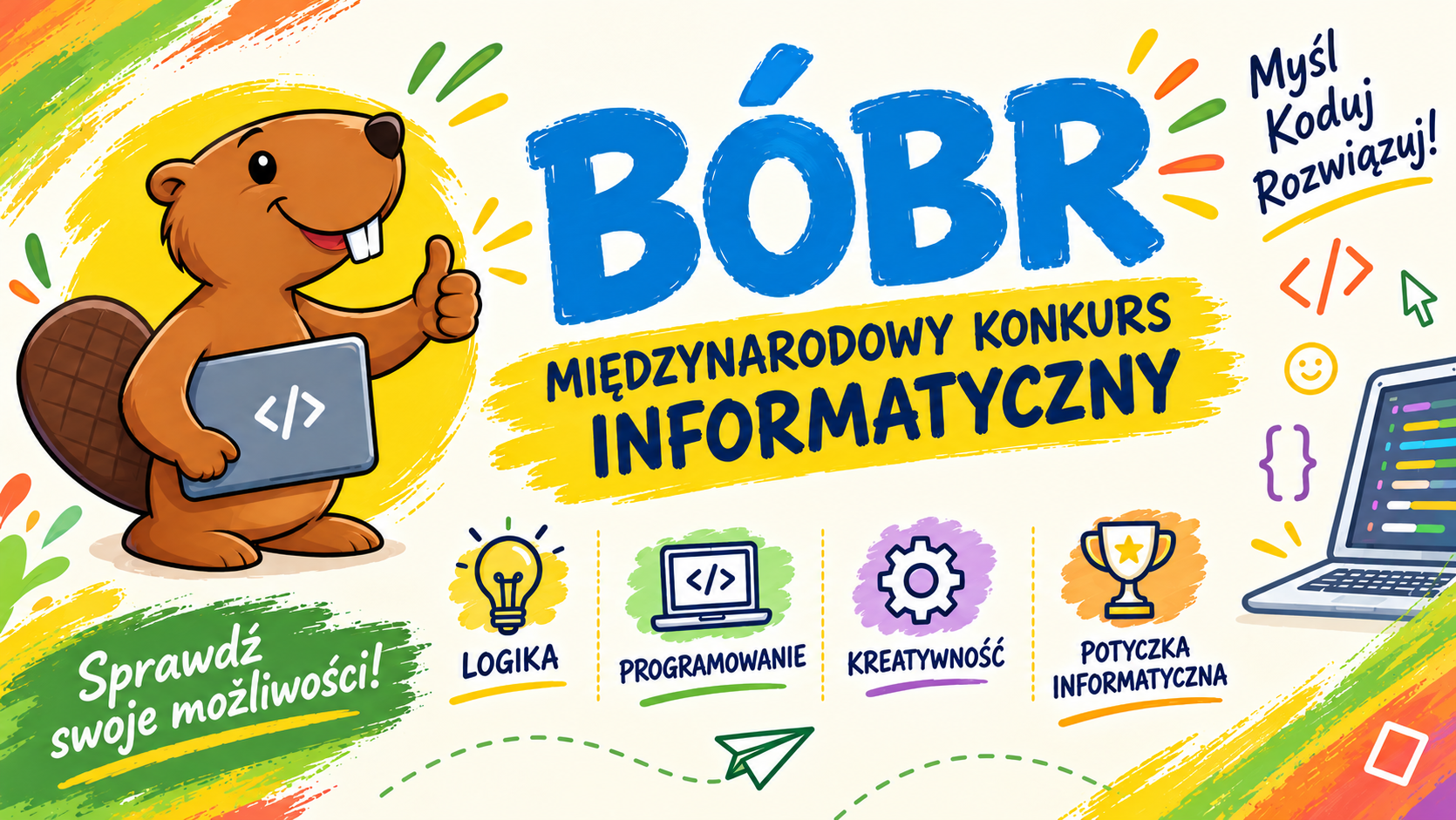 Bóbr z laptopem, komputer, puchar, żarówka