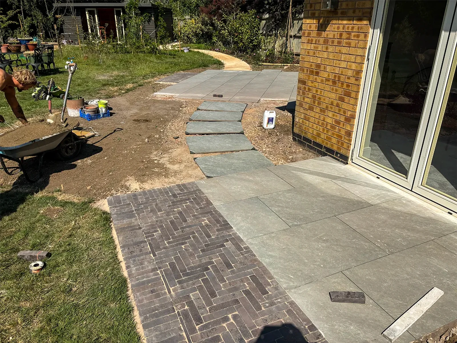 Patio, block paving and pathway in place