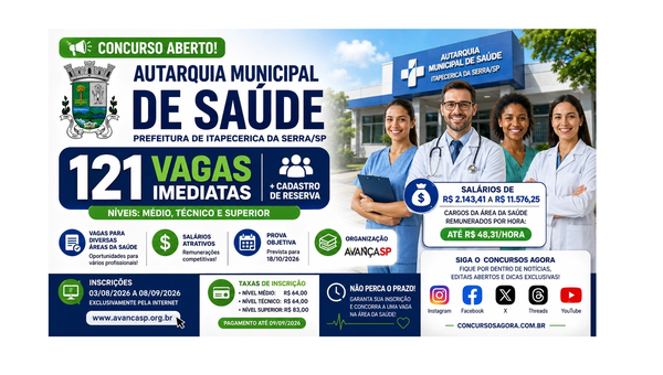 Concurso AMS Itapecerica da Serra SP: 121 Vagas