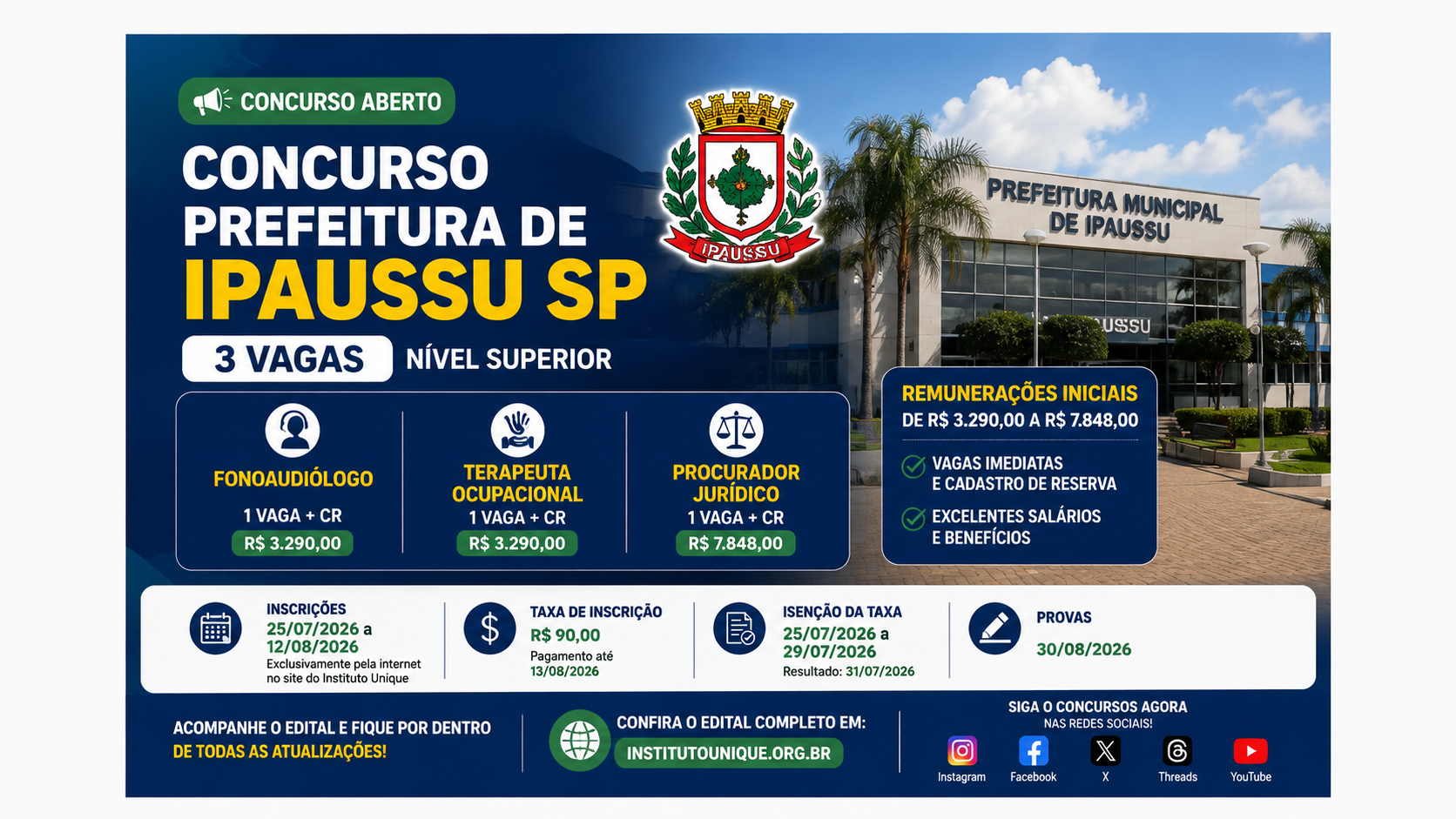 Concurso Prefeitura Ipaussu SP: 3 Vagas