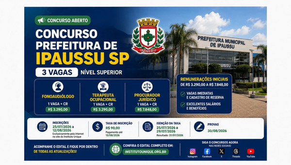 Concurso Prefeitura Ipaussu SP: 3 Vagas
