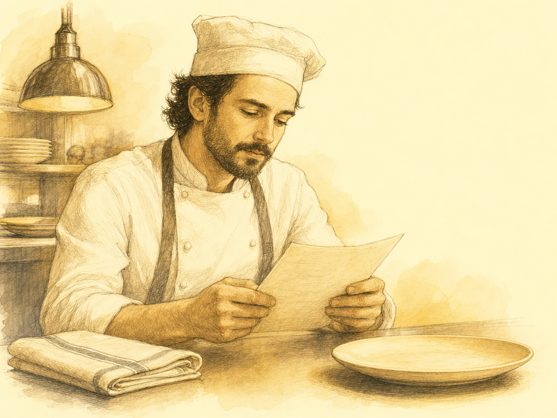 Hand-drawn illustration of a chef in starched whites reading a printed page on the pass before service