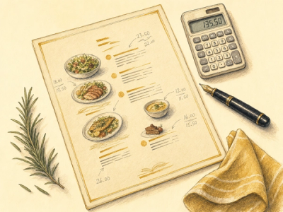 Top-down flat lay of a printed restaurant menu with handwritten price annotations, a fountain pen, a calculator, and a sprig of rosemary