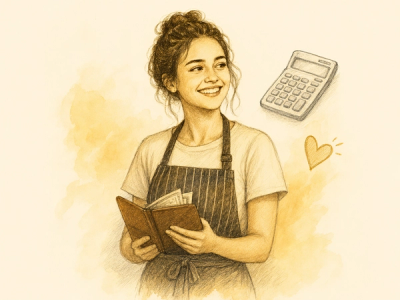 Hand-drawn illustration of a smiling server holding a check presenter at the end of a shift, with a sketched calculator and a small heart floating nearby
