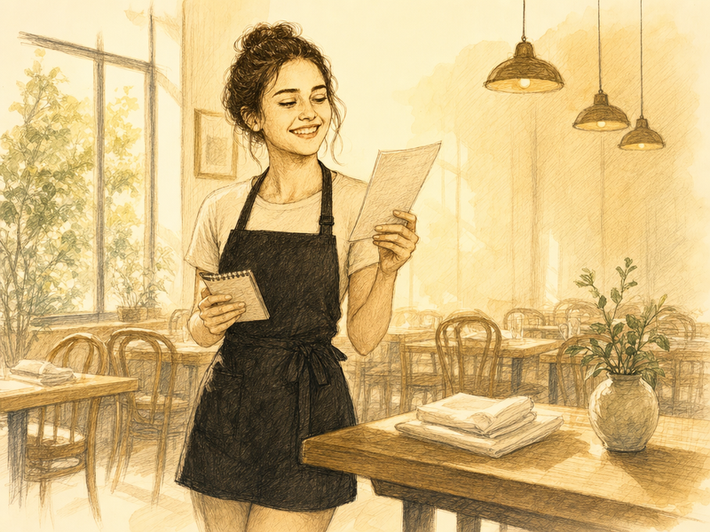 Hand-drawn illustration of a restaurant server in a short apron in a sunlit empty dining room holding an order pad