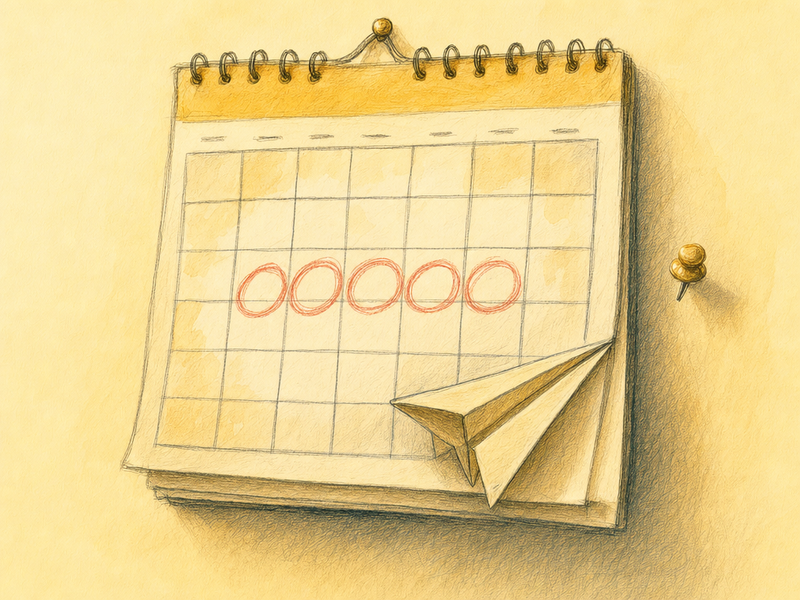 Close-up of a wall calendar with five days circled in soft red pencil, a thumbtack, and a folded paper plane