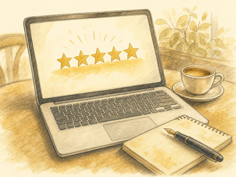 Open laptop on a quiet cafe table showing a stylized five-star rating, with an espresso cup and a paper notepad nearby
