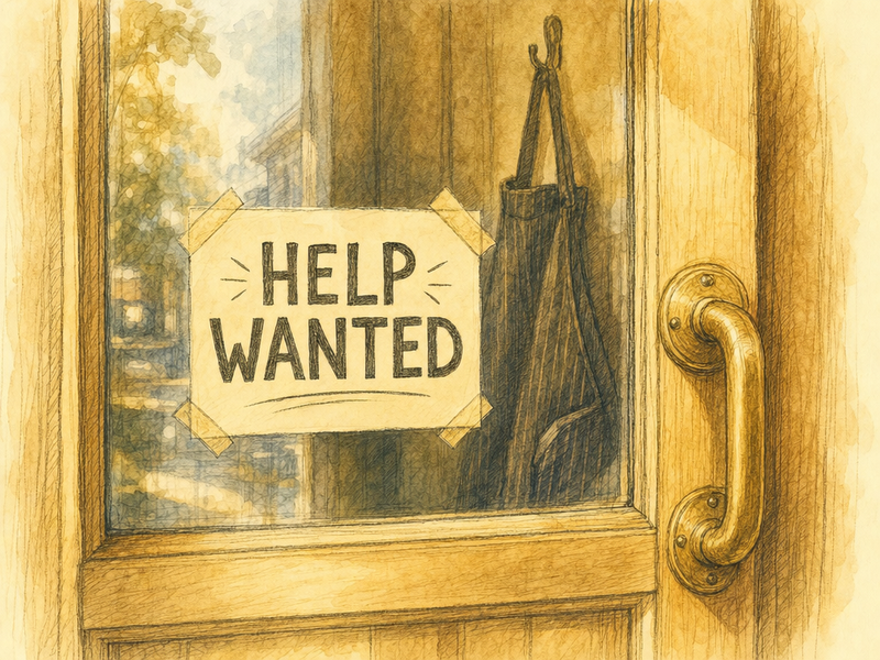 Help Wanted sign hand-lettered on cream cardstock taped to the inside of a restaurant window with morning light, a folded apron on a hook behind