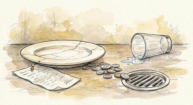 Hand-drawn cracked plate and spilled coins running toward a restaurant floor drain