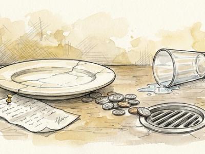Hand-drawn cracked plate and spilled coins running toward a restaurant floor drain