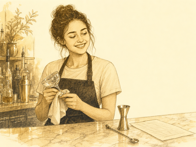 Hand-drawn illustration of a bartender in a clean dark apron behind a polished bar polishing a coupe glass
