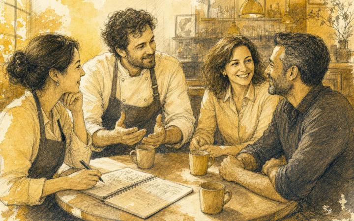 Three or four restaurant operators around a small table mid-conversation, gold and sepia editorial palette
