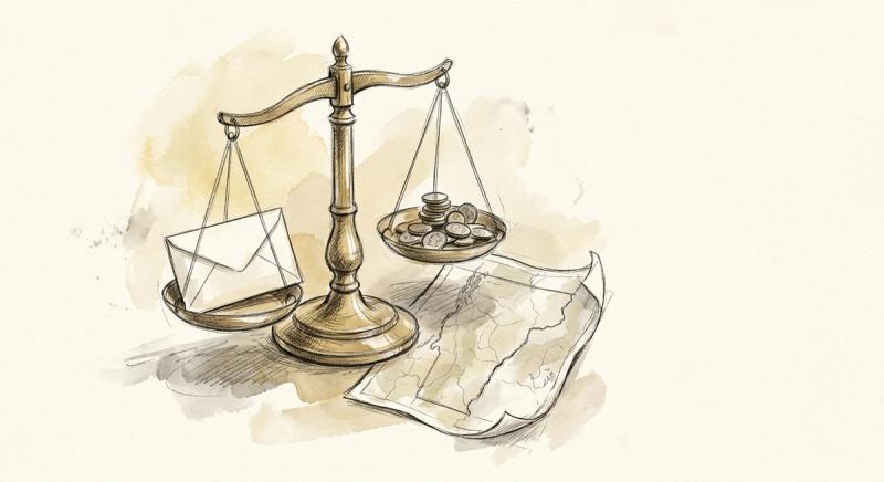 Hand-drawn brass restaurant scale weighing a paycheck against coins on a cream counter, with a US map underneath.
