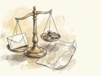 Hand-drawn brass restaurant scale weighing a paycheck against coins on a cream counter, with a US map underneath.