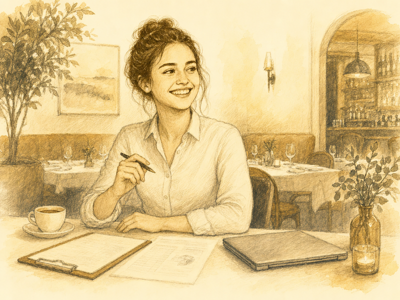 Hand-drawn illustration of a restaurant general manager in a button-down at a quiet two-top in their dining room