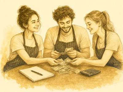 Hand-drawn illustration of three hospitality workers gathered around a table at the end of a shift, fairly counting and splitting cash tips