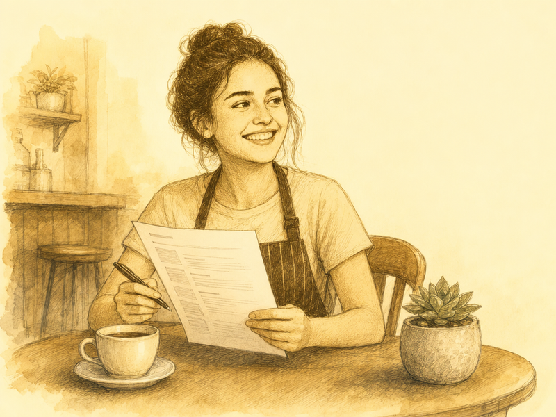 Hand-drawn illustration of a hospitality worker reviewing a printed one-page resume at a small cafe table