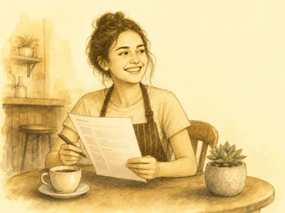 Hand-drawn illustration of a hospitality worker reviewing a printed one-page resume at a small cafe table