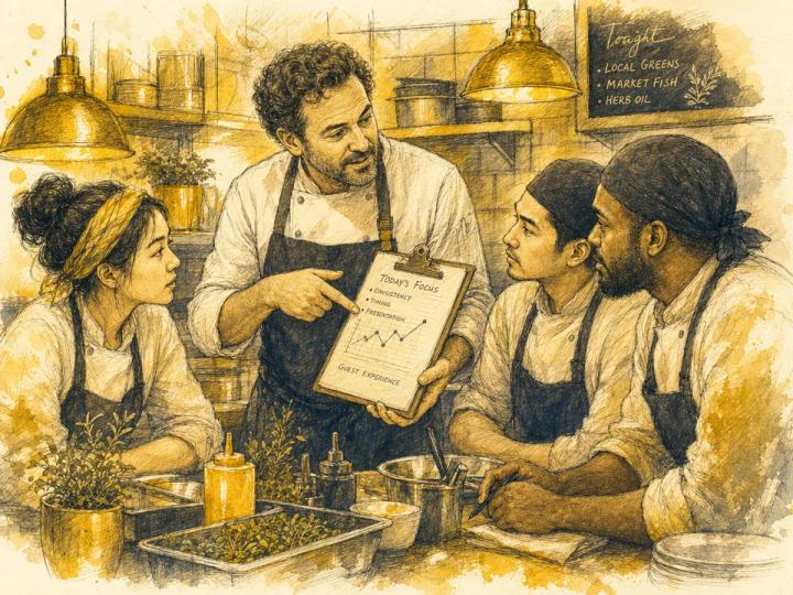 Operator coaching three line cooks during a shift, brand watercolor.