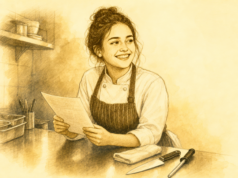 Hand-drawn illustration of a line cook in chef whites at a quiet prep station leaning on the stainless counter reading a printed sheet