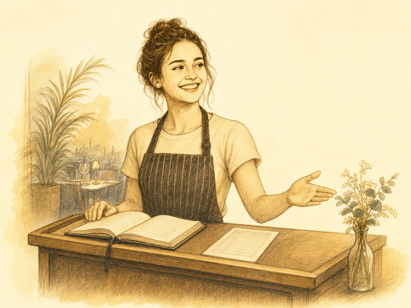 Hand-drawn illustration of a restaurant host at the front of house podium with a reservations book open