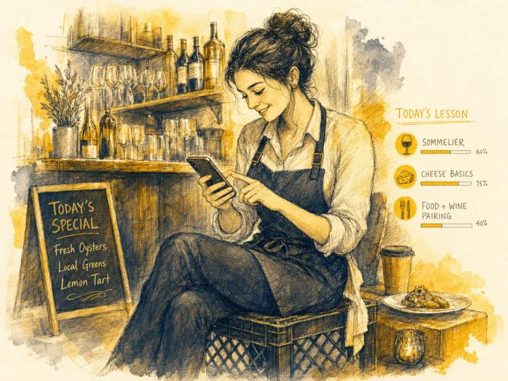 Hospitality worker tapping through a MAJC lesson on their phone, brand watercolor.