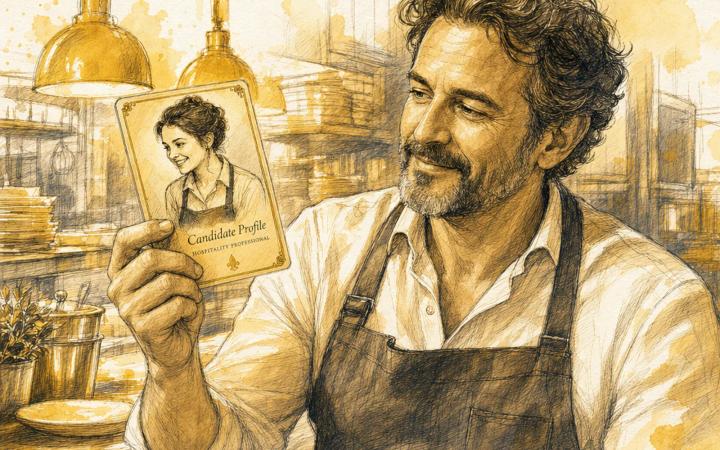 A restaurant operator reviewing illustrated MAJC Trading Card candidate profiles