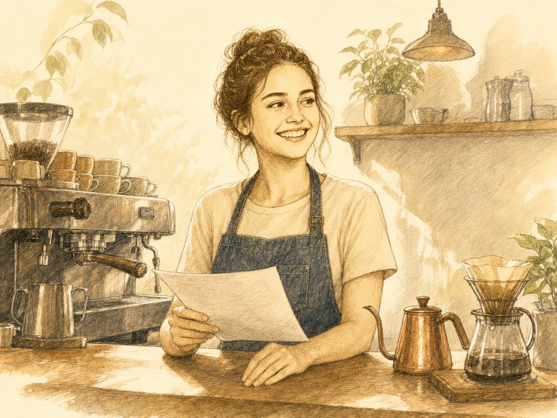 Hand-drawn illustration of a barista in a denim apron at the front bar of a specialty coffee shop