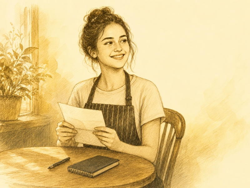 Hand-drawn illustration of a hospitality worker sitting at a small wooden table holding a folded letter with a calm, thoughtful expression