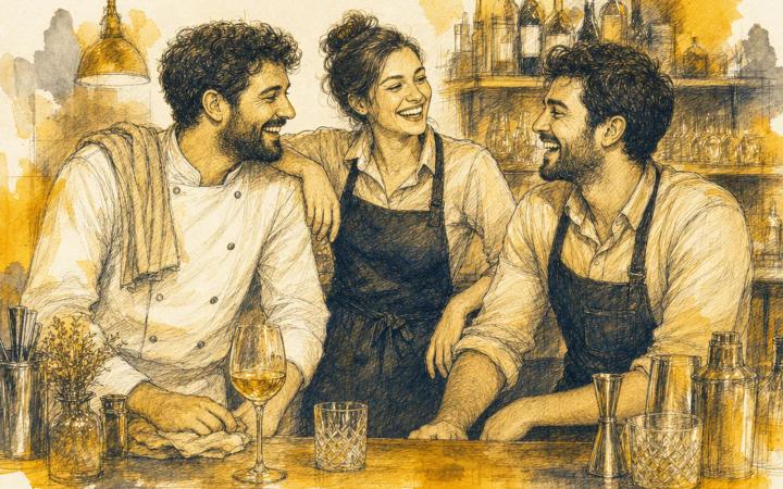 A small group of hospitality workers sharing a moment after service, gold and sepia editorial palette