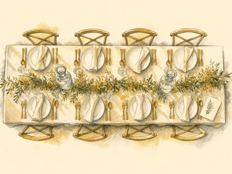 Top-down view of a long elegant banquet table set with eight empty white plates, linen napkins, brass cutlery, and water carafes